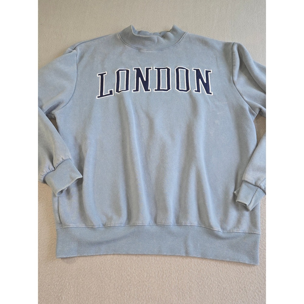 Chemistry London Sweatshirt Womens Small Blue Mock Neck Graphic Pullover Relaxed